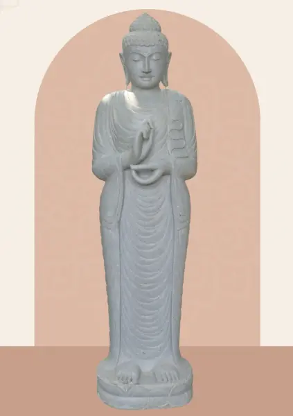 Product image 1 of the product “Standing Buddha made of Riverstone in Dharmachakra position - gesture of wheel of the teaching of Dharma. About 181cm height. ”